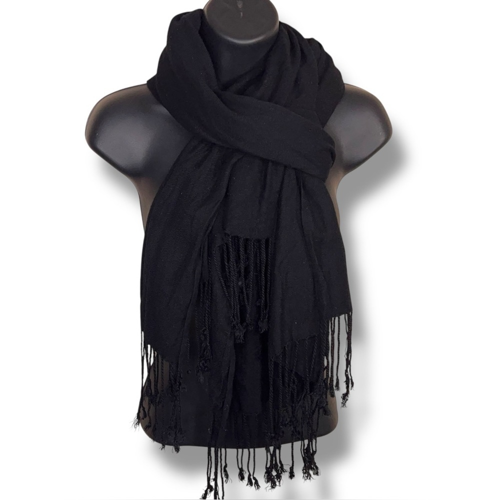 Black Wrap Scarf Shawl With Fringe Accents Classic Orthodox Head Cover Neutral